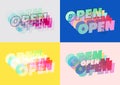 Open door signs set. Four variations of typography modern web style posters. Vector illustration.